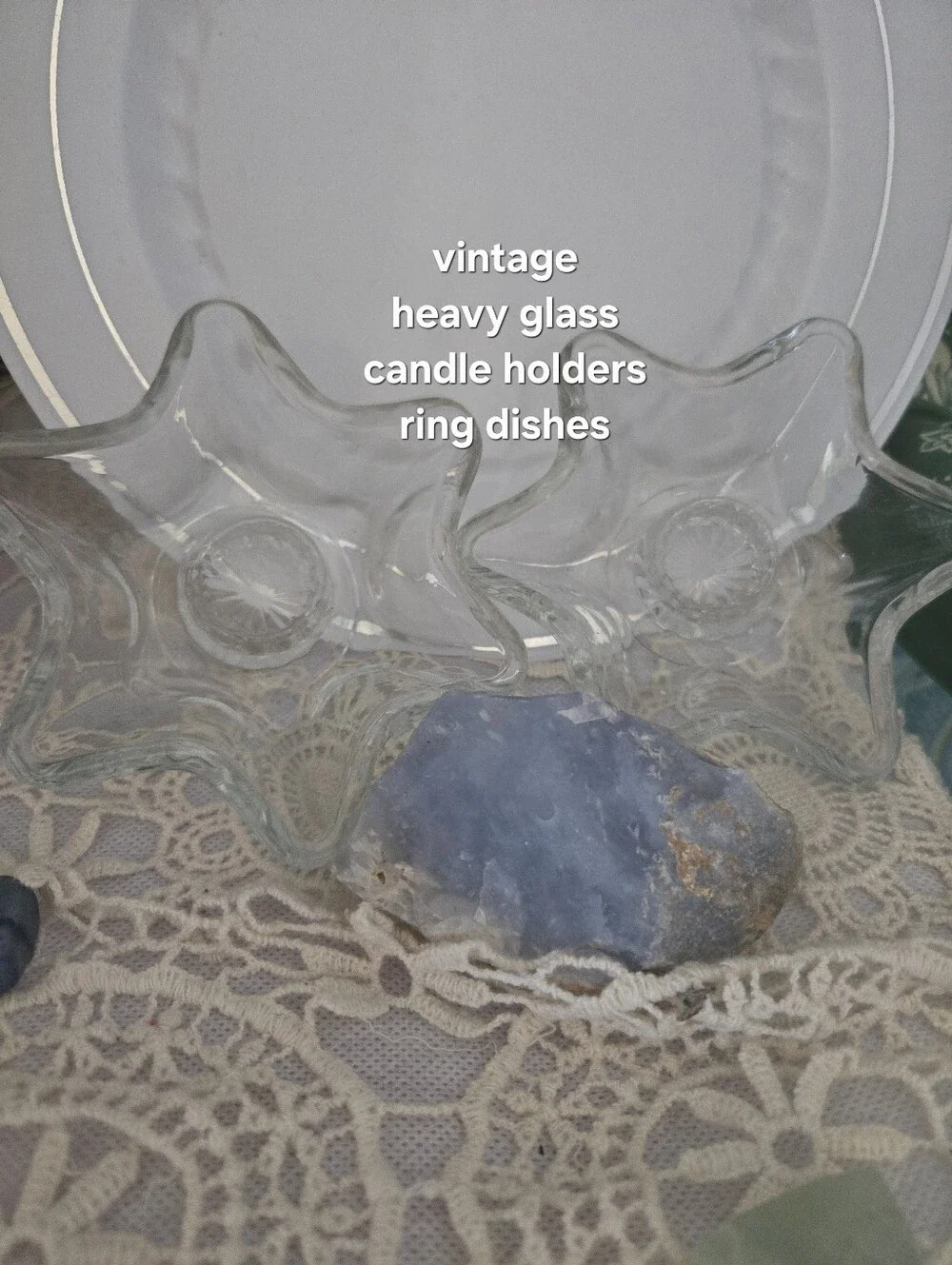 4/$15 Vintage Clear Glass Star Candle Holders Pair Heavy Glass Ring Dish Boho